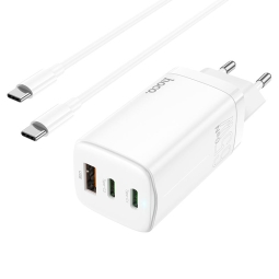 Charger USB-C: Cable 1m + Adapter 2xUSB-C, 1xUSB, kuni 65W, QuickCharge kuni 20V 3.25A: Hoco N16 GaN - Valge