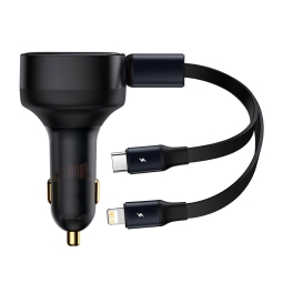 Car charger 2in1, USB-C + Lightning: Cable 0.75m, up to 30W, QuickCharge: Baseus Retractable 2in1 - Black
