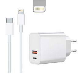 iPhone, iPad зарядка, Lightning: Кабель 1m + Адаптер 1xUSB-C + 1xUSB, до 20W QuickCharge