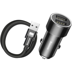 Car charger iPhone iPad: Cable 1m Lightning + Adapter 2xUSB up to 3.4A: Baseus Small Screw - Black