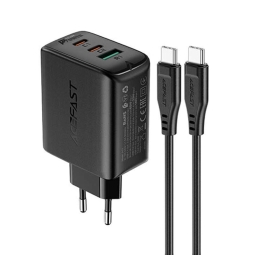 Charger USB-C: Cable 1m + Adapter 2xUSB-C, 1xUSB, kuni 65W, QuickCharge kuni 20V 3.25A: Acefast A13 - Must