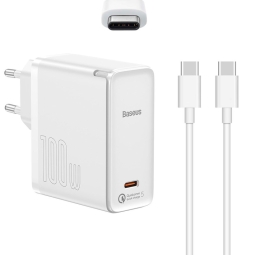 Charger USB-C: Cable 1.5m USB-C + Adapter 1xUSB-C, up to 100W, QuickCharge: Baseus GaN2 - White