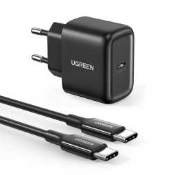 Charger USB-C: Cable 2m + Adapter 1xUSB-C, kuni 25W, QuickCharge kuni 12V 2.08A: Ugreen CD250 - Must