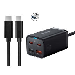 Laadija USB-C: Juhe 1m + Adapter 2xUSB-C, 2xUSB, kuni 65W, Quick Charge kuni 20V 3.25A: Baseus GaN3 Pro - Must