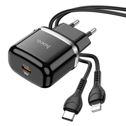 Laadija USB-C: Juhe 1m + Adapter 1xUSB-C, kuni 20W, QuickCharge kuni 12V 1.67A: Hoco N24 - Must