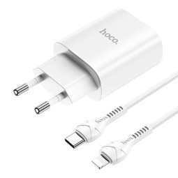 iPhone, iPad laadija: Cable 1m Lightning + Adapter 1xUSB-C, up to 20W, QuickCharge: Hoco N14 - White