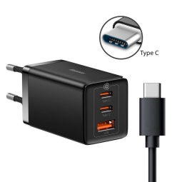 Laadija USB-C: Juhe 1m + Adapter 2xUSB-C, 1xUSB, kuni 65W, Quick Charge kuni 20V 3.25A: Baseus GaN5 Pro - Must