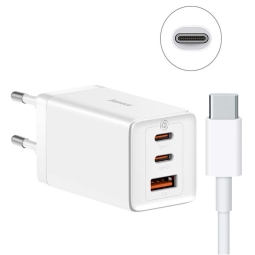 Charger USB-C: Cable 1m + Adapter 2xUSB-C, 1xUSB, up to 65W, Quick Charge up to 20V 3.25A: Baseus GaN5 Pro - White