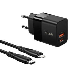 Charger iPhone iPad Lightning: Cable 1.2m + Adapter 1xUSB-C, 1xUSB, up to 20W, QuickCharge up to 12V 1.67A: Mcdodo - Black