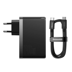 Charger USB-C: Cable 1m + Adapter 2xUSB-C, 1xUSB, up to 140W, Quick Charge up to 28V 5A: Baseus GaN5 Pro - Black