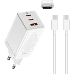 Зарядка USB-C: Кабель 1m + Адаптер 2xUSB-C, 1xUSB, до 65W, QuickCharge до 20V 3.25A: Baseus GaN3 Pro - Белый