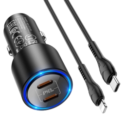 Car charger iPhone iPad: Cable 1m Lightning + Adapter 2xUSB-C, up to 40W, QuickCharge: Hoco NZ3 - Black