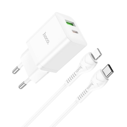 Charger iPhone iPad Lightning: Cable 1m + Adapter 1xUSB-C, 1xUSB, up to 20W, QuickCharge up to 12V 1.67A: Hoco N28 - White