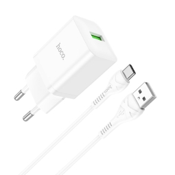 Charger USB-C: Cable 1m + Adapter 1xUSB, up to 18W, QuickCharge up to 12V 1.5A: Hoco N26 - White