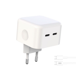 Зарядка USB-C: Кабель 1m + Адаптер 2xUSB-C, до 35W, QuickCharge до 20V 1.75A: Xo L102 - Белый