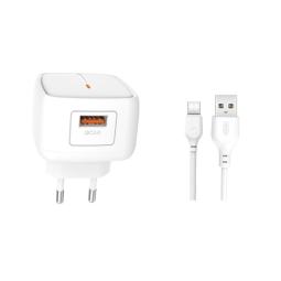 Charger USB-C: Cable 1m + Adapter 1xUSB, up to 18W, QuickCharge up to 12V 1.5A: Xo L59 - White