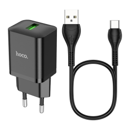 Laadija USB-C: Juhe 1m + Adapter 1xUSB, kuni 18W, QuickCharge kuni 12V 1.5A: Hoco N26 - Must