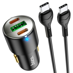 Autolaadija USB-C: Juhe 1m + Adapter 2xUSB-C + 1xUSB, kuni 45W (max: 25W,20W,18W), QuickCharge: Hoco NZ6 - Must