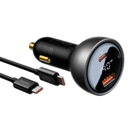 Car charger USB-C: 1m + Adapter 1xUSB-C, 1xUSB, up to 140W, QuickCharge up to 28V 5A: Baseus Digital - Black