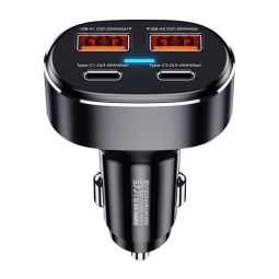 Car charger 2xUSB-C + 2xUSB, up to 75W (45W+30W), QuickCharge up to 20V 2.25A: Remax 329 - Black