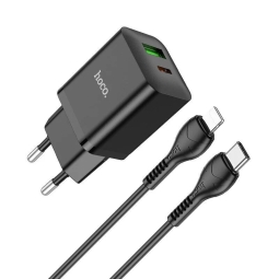Charger iPhone iPad Lightning: Cable 1m + Adapter 1xUSB-C, 1xUSB, up to 20W, QuickCharge up to 12V 1.67A: Hoco N28 - Black