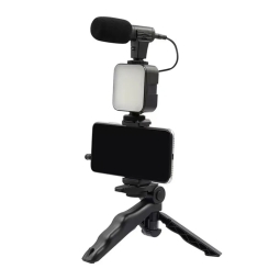 Selfie держатель для телефона, свет, микрофон, трипод, Bluetooth пульт - Чёрный
