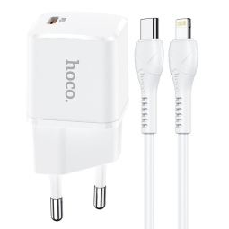 iPhone, iPad laadija: Cable 1m Lightning + Adapter 1xUSB-C, up to 20W, QuickCharge: Hoco N10 - White