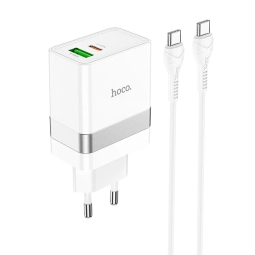 Charger USB-C: Cable 1m + Adapter 1xUSB-C, 1xUSB, up to 30W, QuickCharge up to 20V 1.5A: Hoco N21 - White