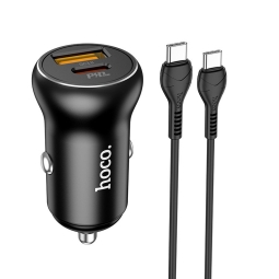 Autolaadija USB-C: Juhe 1m + Adapter 1xUSB-C, 1xUSB, kuni 30W, QuickCharge: Hoco NZ5 - Must
