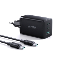 Laadija USB-C: Kaabel 1.2m + Adapter 2xUSB-C, 1xUSB, kuni 65W, QuickCharge kuni 20V 3.25A: Joyroom TCG01 GaN - Must