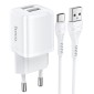 Charger USB-C: Cable 1m + Adapter 2xUSB, up to 12W, 5V 2.4A: Hoco Briar - White