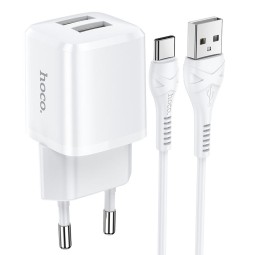 Charger USB-C: Cable 1m + Adapter 2xUSB, up to 12W, 5V 2.4A: Hoco Briar - White