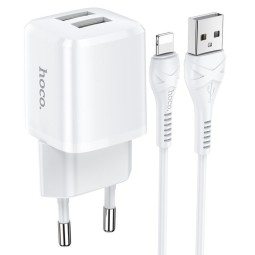 iPhone iPad charger, Lightning: Cable 1m + Adapter 2xUSB, up to 12W, 5V 2.4A: Hoco Briar - White