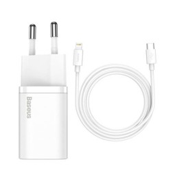 Laadija iPhone iPad Lightning: Juhe 1m USB-C + Adapter 1xUSB-C, kuni 20W, QuickCharge: Baseus Super Si - Valge