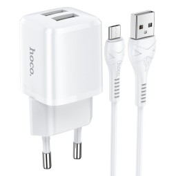 Charger Micro USB: Cable 1m + Adapter 2xUSB, up to 12W, 5V 2.4A: Hoco Briar - White