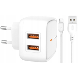 Charger Micro USB: Cable 1m + Adapter 2xUSB, up to 12W (5V 2.4A): XO L61 - White