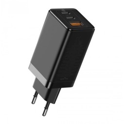Laadija USB-C: Juhe 1m + Adapter 2xUSB-C, 1xUSB, kuni 65W, QuickCharge kuni 20V 3.25A: Baseus GaN2 Pro - Must