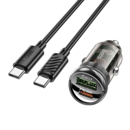 Автомобильная зарядка USB-C: Кабель 1m + Адаптер 1xUSB-C, 1xUSB, до 30W, QuickCharge: Hoco Z53A - Чёрный
