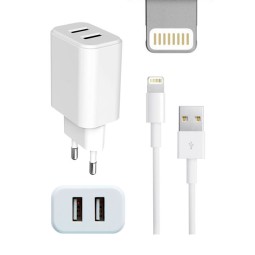 iPhone, iPad laadija, Lightning: Juhe 1m + Adapter 2xUSB, kuni 10W