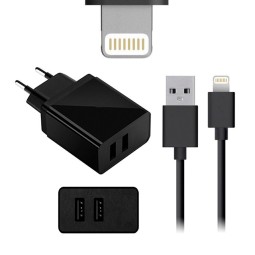 iPhone, iPad laadija, Lightning: Juhe 1m + Adapter 2xUSB, kuni 10W