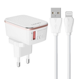 Charger iPhone iPad Lightning: Kaabel 1m + Adapter 1xUSB, up to 18W, QuickCharge up to 12V 1.5A: Ldnio A1204Q - White