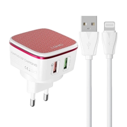 Charger iPhone iPad Lightning: Kaabel 1m + Adapter 2xUSB, up to 12W, up to 5V 2.4A: Ldnio A2204 - White copy