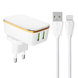 Charger iPhone iPad Lightning: Kaabel 1m + Adapter 2xUSB, up to 12W, up to 5V 2.4A: Ldnio A2204 - White