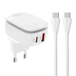 Charger USB-C: Kaabel 1m + Adapter 1xUSB-C, 1xUSB, up to 20W, QuickCharge up to 12V 1.67A: Ldnio A2425C - White