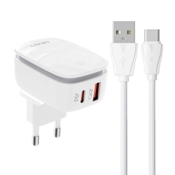 Charger USB-C: Kaabel 1m + Adapter 1xUSB-C, 1xUSB, up to 20W, QuickCharge up to 12V 1.67A: Ldnio A2425C - White