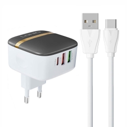 Laadija USB-C: Kaabel 1m + Adapter 1xUSB-C, 2xUSB, kuni 32W (QC kuni 20W, 18W + 12W): Ldnio A3513Q - Must-Valge