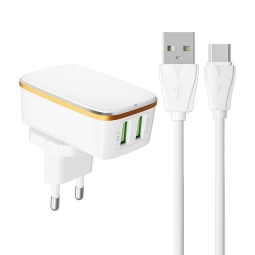 Charger USB-C: Kaabel 1m + Adapter 2xUSB, up to 12W, up to 5V 2.4A: Ldnio A2204 - White