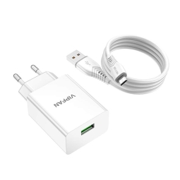 Laadija Micro USB: Kaabel 1m + Adapter 1xUSB kuni 18W, QuickCharge kuni 12V 1.5A: Vfan E03 - Valge