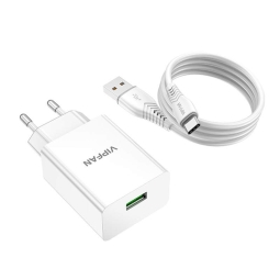 Laadija USB-C: Kaabel 1m + Adapter 1xUSB, kuni 18W, QuickCharge kuni 12V 1.5A: Vfan E03 - Valge