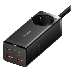 Laadija USB-C: Kaabel 1m + Adapter 2xUSB-C, 2xUSB, kuni 100W, QuickCharge kuni 20V 5A: Baseus GaN PowerStrip - Must